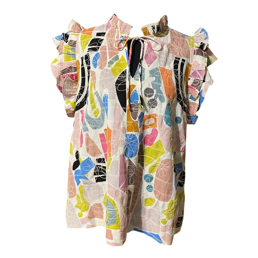 Joy Joy Multicolor Abstract Blouse Large multicolor front tie embroidery cotton